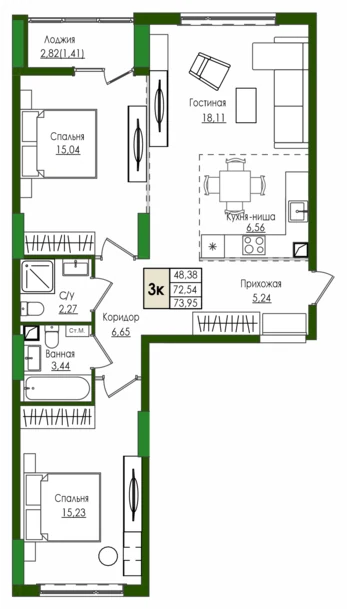 Планировка: Трёхкомнатная квартира, 73,95 м²