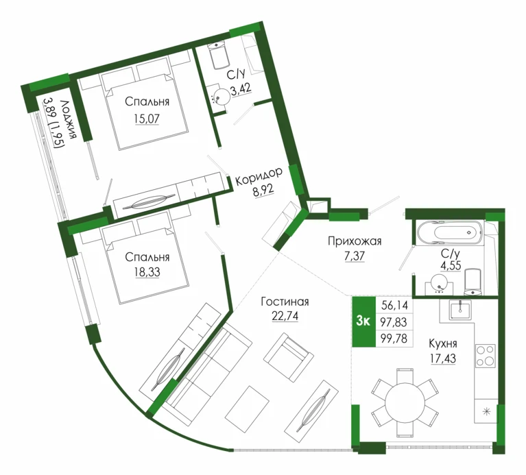 Планировка: Трёхкомнатная квартира, 2 этаж, 99,78 м²